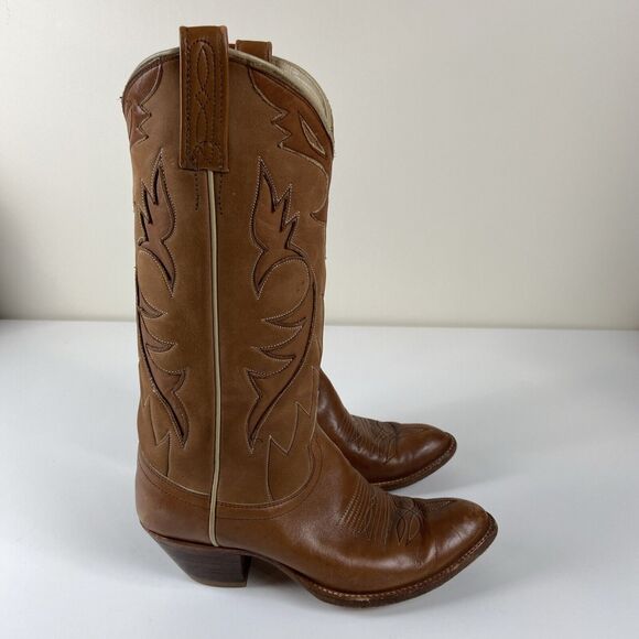 Dan Post Women's Boot Size 7.5 C Western Cowboy Boots Tan Brown 2 Tone Leather - Picture 2 of 14